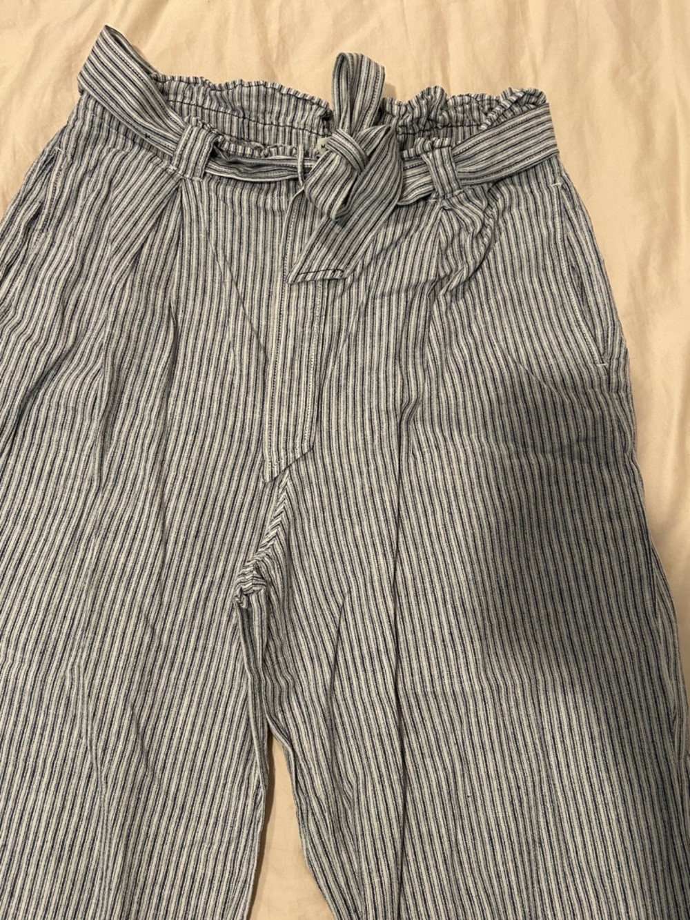 Striped Paperbag Waist Tie Pants - Blue & White